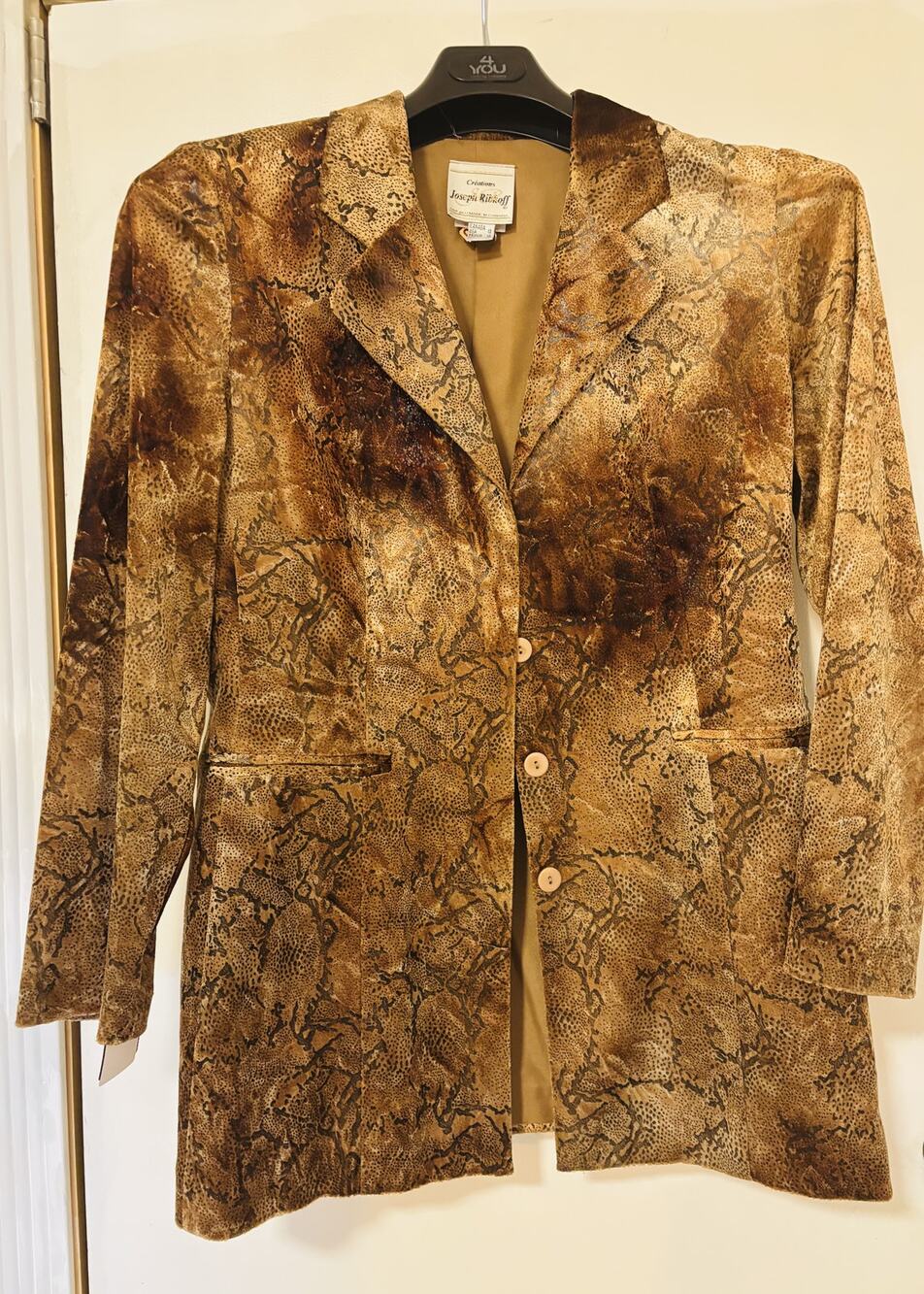 Vintage 90s Joseph Ribkoff Velvety Snakeskin Print Blazer Jacket Brown Gold M